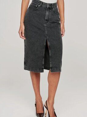 DL1961 Women's Black Washed Denim High-Rise Front Slit Lexie Skirt Size 27